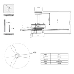 52" Modern Ceiling Fan with Light, 3 ABS Blades, DC Remote Control